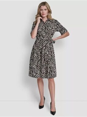 DKNY Elbow Sleeve Collared Neck Button-Front Belted Shirt Dress Zebra Print